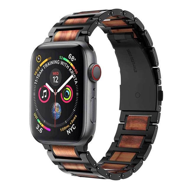 Watches Black / 38mm / 40mm Apple Watch Natural Wood Steel Band Sandalwood Cool men Wooden Strap