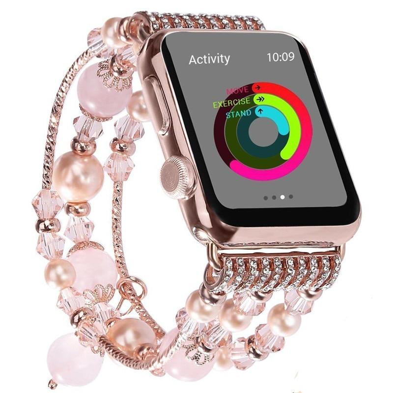 Apple Apple Watch Series 5 4 3  Band, Agate Beads Pearl Bracelet stretch Strap, iWatch Women Watchband Adapters 38mm, 40mm, 42mm, 44mm