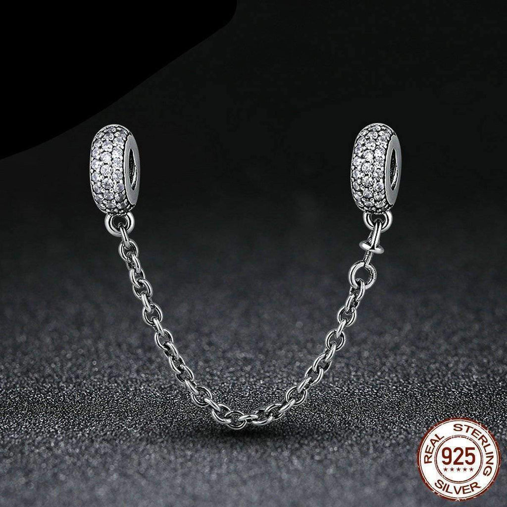 7 Styles, 925 Sterling Silver Pave Safety Chains, Clear CZ Stopper Charms Fit Pan Charm Bracelet