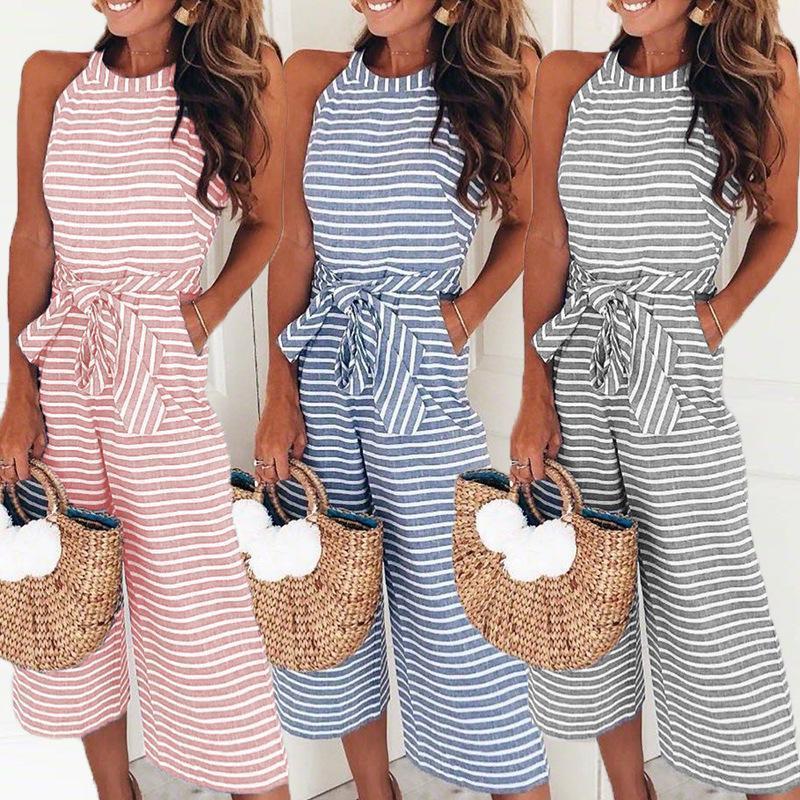 Clothing Elegant Sexy Jumpsuits Women Sleeveless Striped Jumpsuit Loose Trousers Wide Leg Pants Rompers Holiday Belted Leotard Overalls (US 6-16)