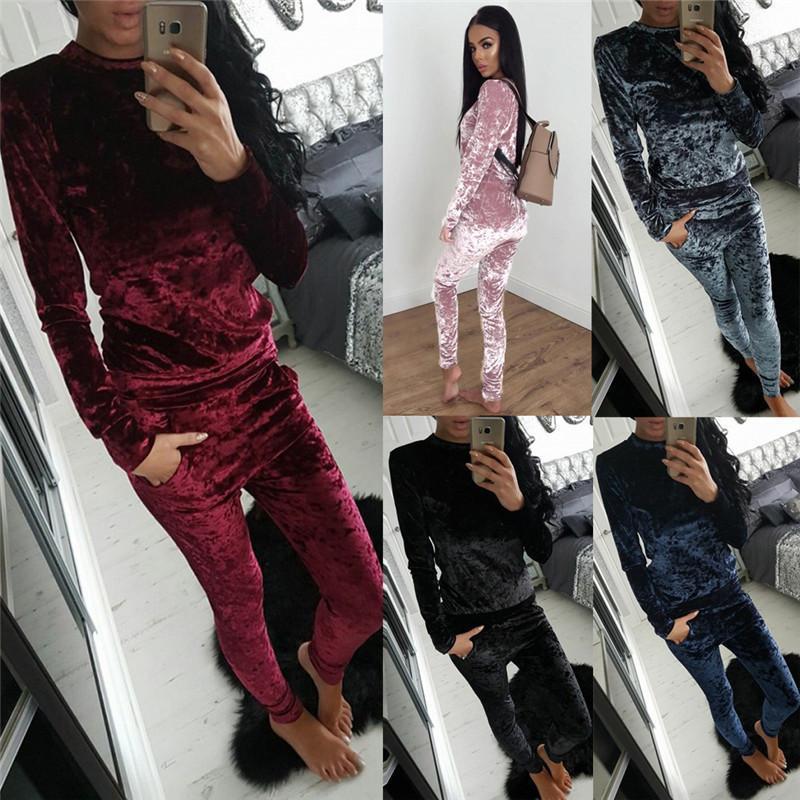 Clothing Rogi Velvet Women Sets Fashion Long Sleeve Bodycon Slim Sweat Suits Hoodies Tracksuit Sweatshirt Two Piece Trousers Women (US 6-16)