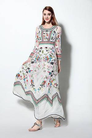 Clothing Runway Designer, Long Gauze Floral Embroidery Dress (US 4-16)