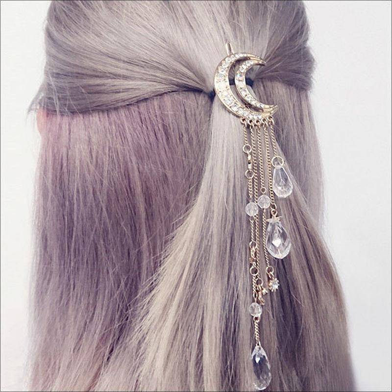 hair accessories Charming Fashion Moon Crystal Dangle Drop Tassel Hair Clip