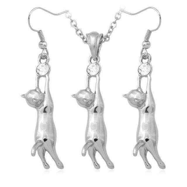 jewelry set Silver Cat Charm Necklace And Earrings Set