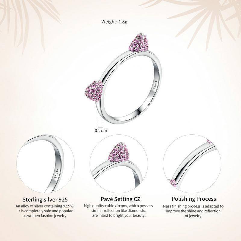 925 Sterling Silver Cute Cat Ears Pink CZ Ring