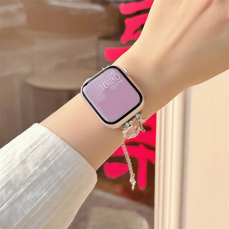 Pink Cat's Eye Stone Bracelet Beaded Strap Compatible with Apple Watch Series 9 8 7 6 5 4 3 2 1, Cute Women Handmade Beaded Strap