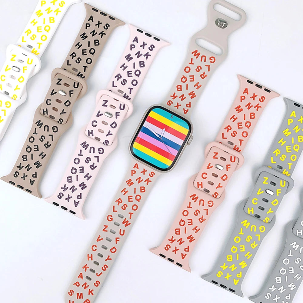 Printed Letter Strap for Apple Watch Ultra 2 Band 49mm 41mm 40mm 45mm 44mm Silicone Bracelet for IWatch Series 9 8 7 SE 6 5 4 3