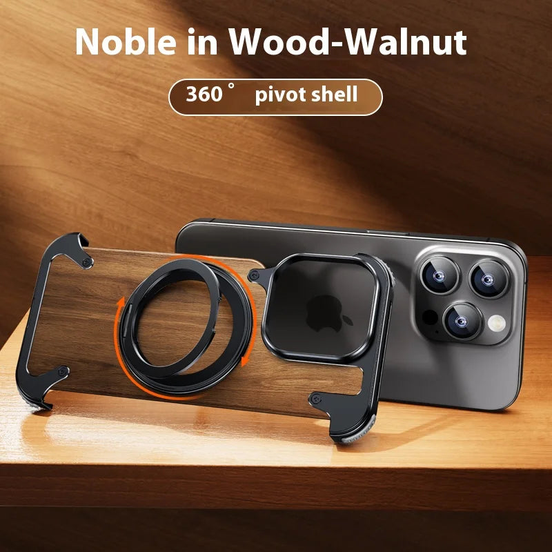 For iPhone 16 15 14 Pro Max Case 360°Rotating Magnetic Magsafe Car Phone Holder Walnut Wood Metal framework Protective cover