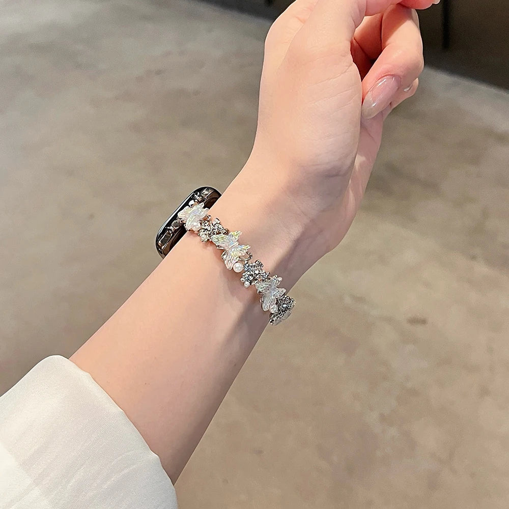 Luxury Laser Butterfly Pearl Band For Apple Watch Strap 8 49 9 7 SE 6 For iWatch 38 45 42 44 40 MM Women Wrist Elastic Bracelet