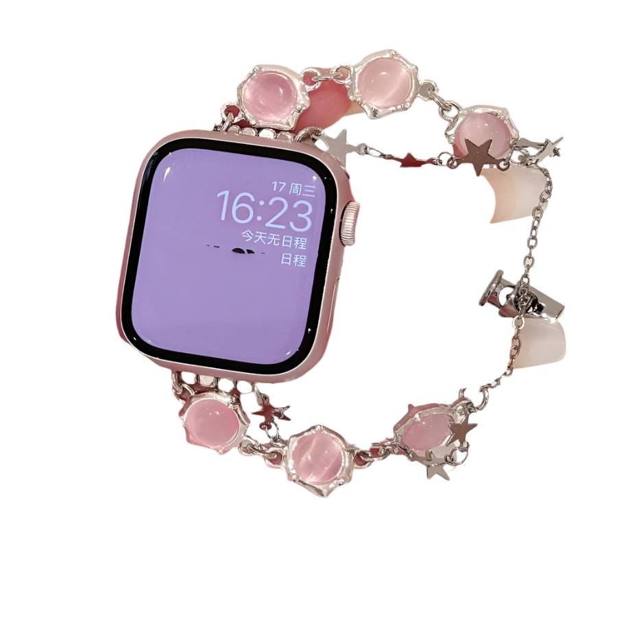 Pink Cat's Eye Stone Bracelet Beaded Strap Compatible with Apple Watch Series 9 8 7 6 5 4 3 2 1, Cute Women Handmade Beaded Strap