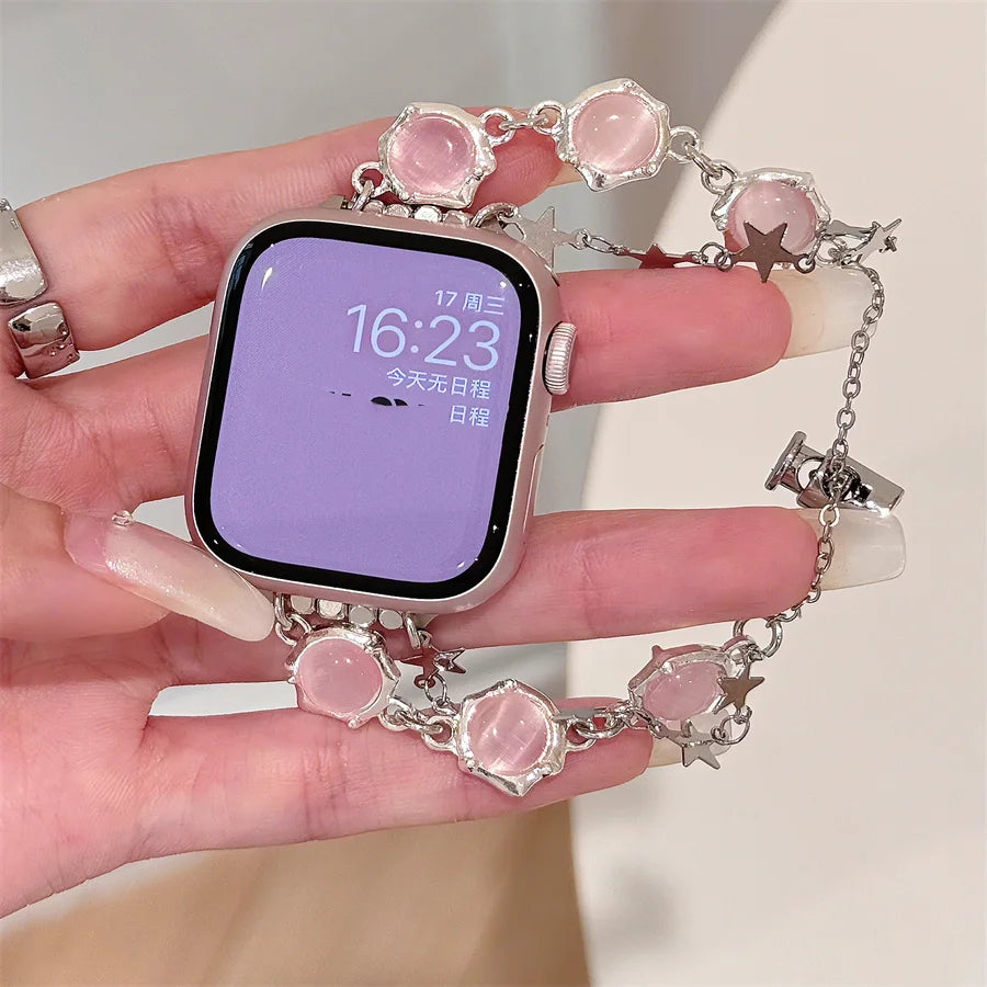 Pink Cat's Eye Stone Bracelet Beaded Strap Compatible with Apple Watch Series 9 8 7 6 5 4 3 2 1, Cute Women Handmade Beaded Strap