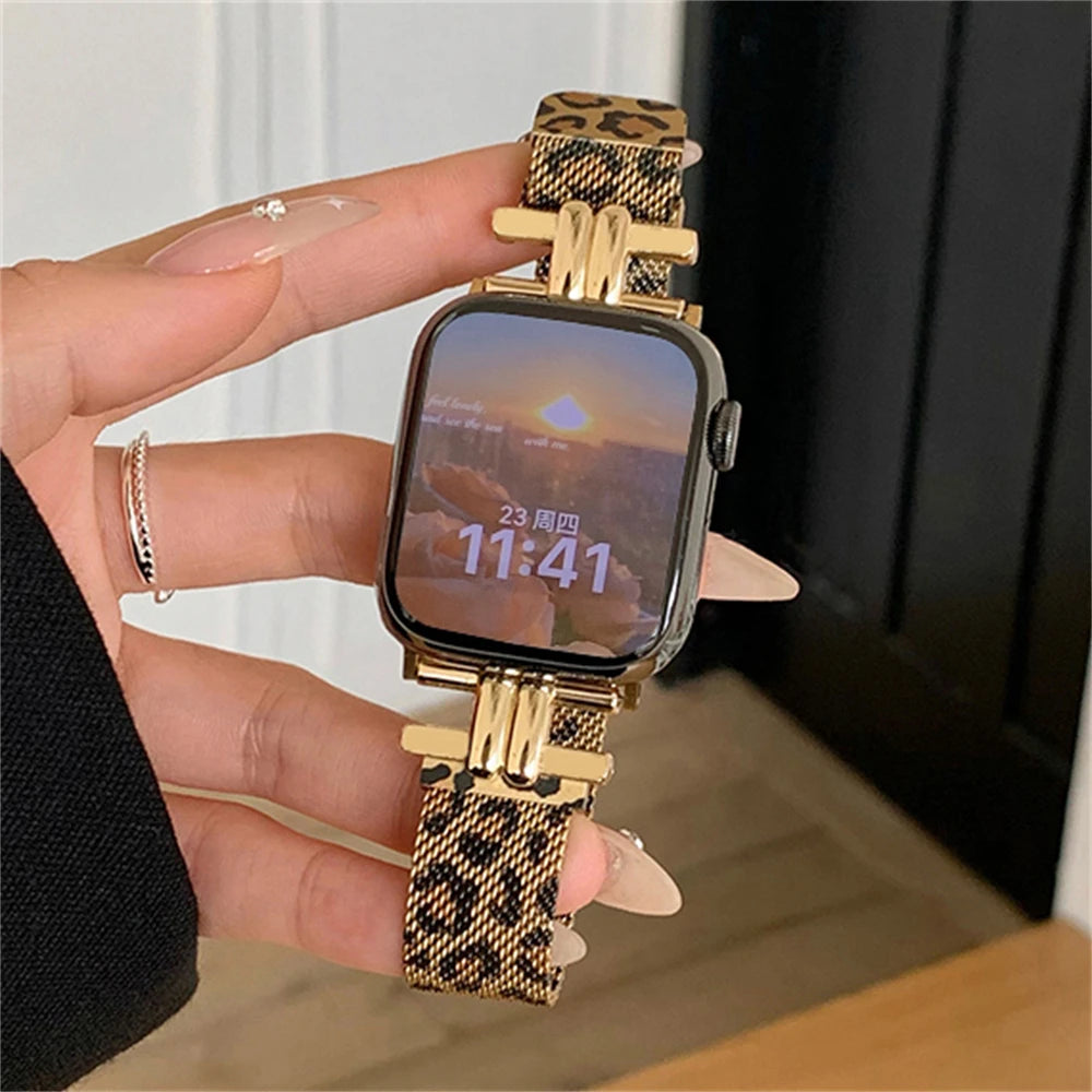 Leopard Print Women Band For iWatch 38 42 41mm For Apple Watch Strap Series 8 Ultra SE 7 6 5 40 44 45mm Stainless Steel Bracelet