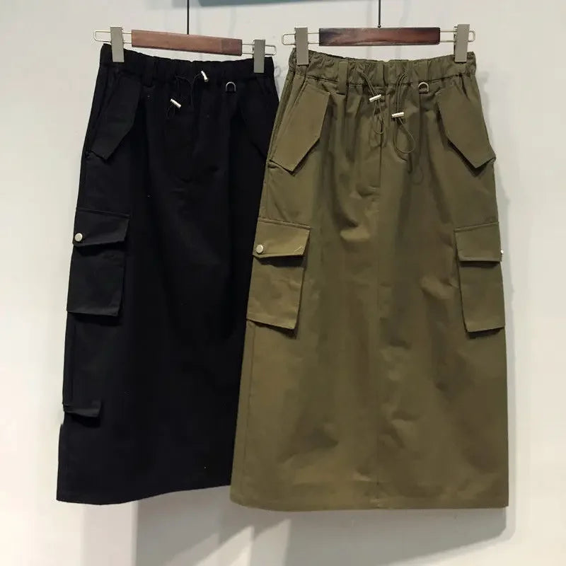 New Cargo Skirts for Women Long Skirts Elastic Waist Spring Summer Drawstring Girls Full Length Skirt Black