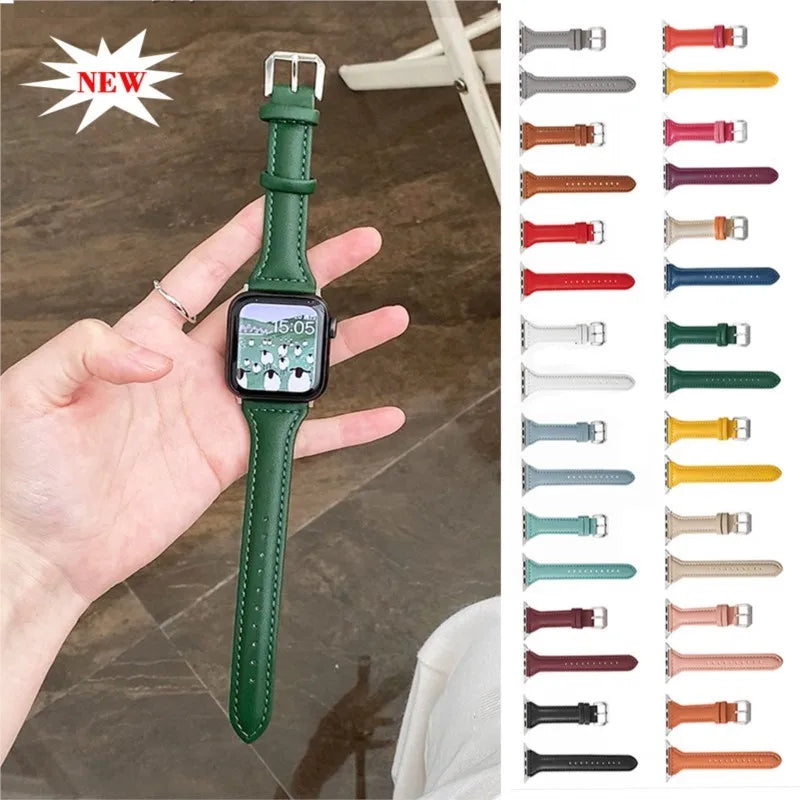 Slim Leather Strap For Apple Watch Band 44mm 40mm 41mm 42mm 38mm 49mm 44 mm Bracelet apple watch 8 45mm bands Ultra 9 7 se 3 4 6