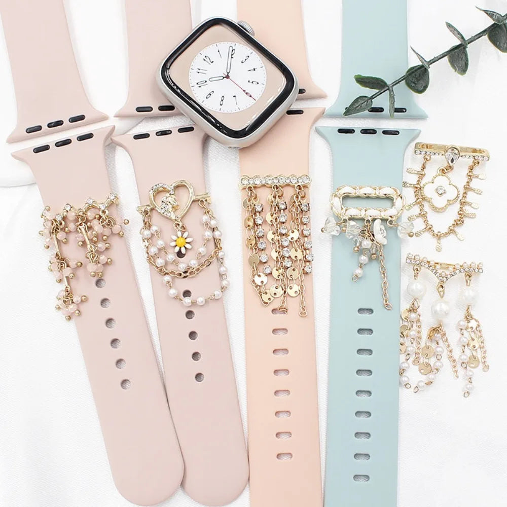 For Apple Watch Band Diamond Pearl Ornament Metal Charms Decorative Ring Creative Chain Smart Watch Silicone Strap Accessories