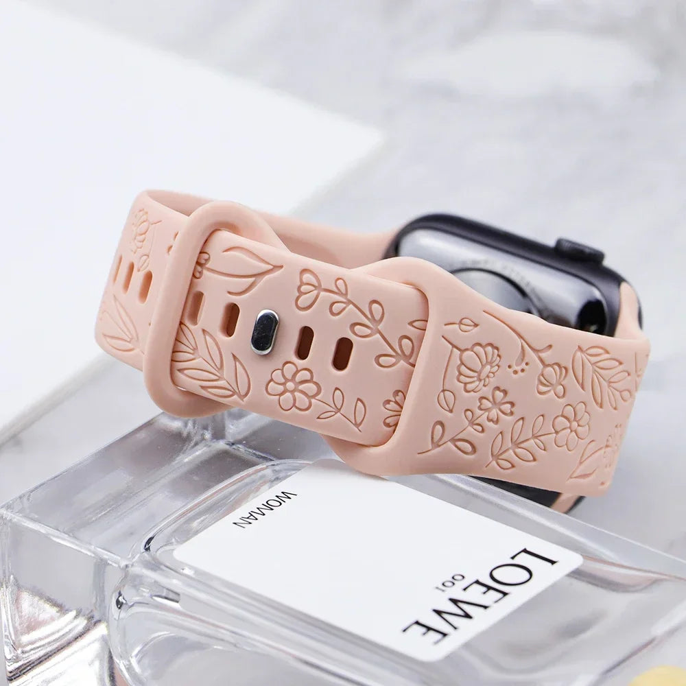 Engraved Floral Silicone Strap for Apple Watch Ultra 2 Band 49mm 45mm 40mm 41mm Bracelet Fashion IWatch Series 9 8/7/6/5/4/3/se