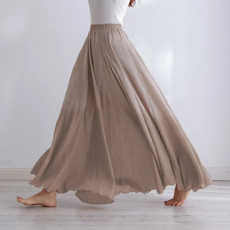 High Quality Cotton Linen Maxi Skirt Womens Casual Elastic High Waist Pleated A-Line Beach Skirts Boho Saia Feminina Faldas Jupe