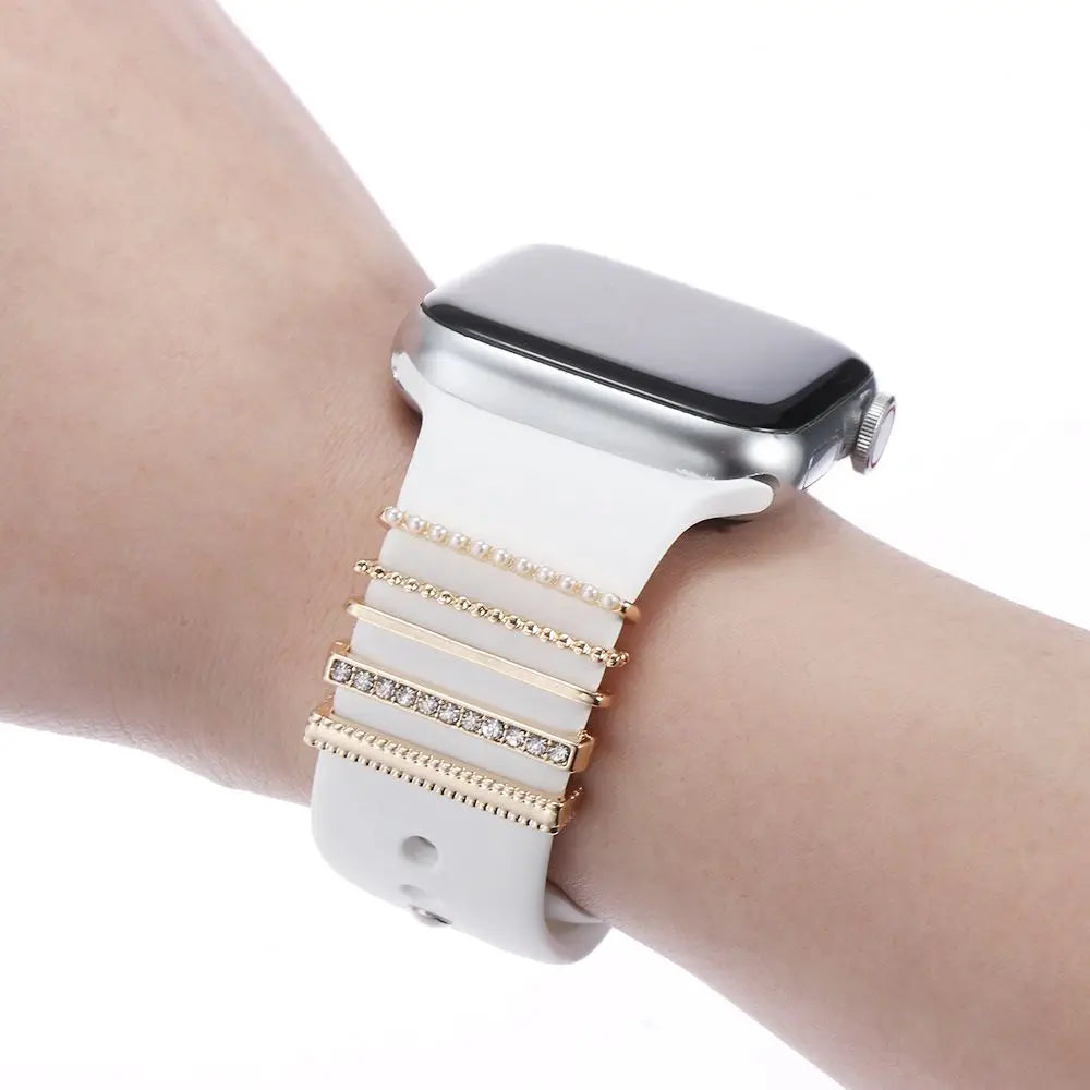 Pearl Diamond Metal Charms Decorative Ring For Apple Watch Band Smart Watch Silicone Strap Accessories For iwatch Bracelet