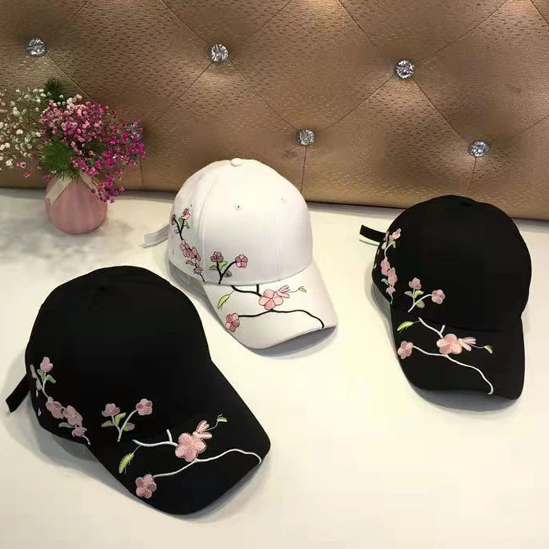 JK Korean Flower Embroidery Baseball Caps Women Girl Cute Plum Outdoor Long Brim Sun Visor Hats Cotton Adjustable Sports Cap