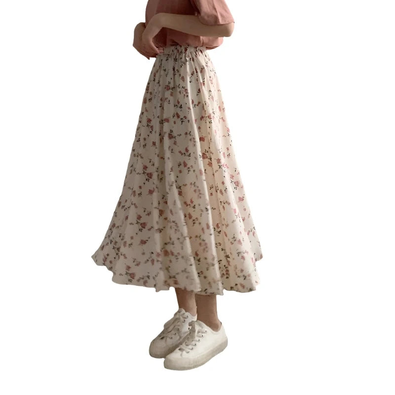 Vintage Floral Print A-line Pleated Long Skirts Summer Women Vintage Floral Print A-line Pleated Long Skirts Summer Women