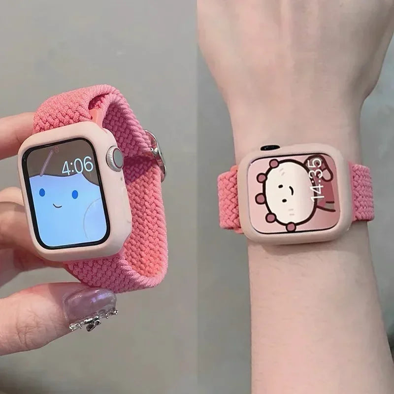 Cute Braied Strap + Case For Apple Watch Band 49mm 41mm 45 44 38 42 Nylon Bracelet For iWatch Series 9 8 7 6 5 4 3 SE 40