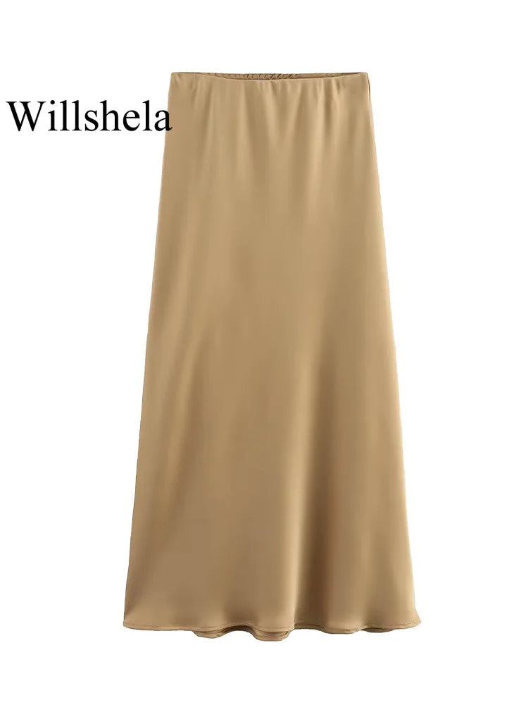 Women Fashion Satin Solid Pleated Midi Skirt Vintage Mid Elastic Waist Female Chic Lady Skirts