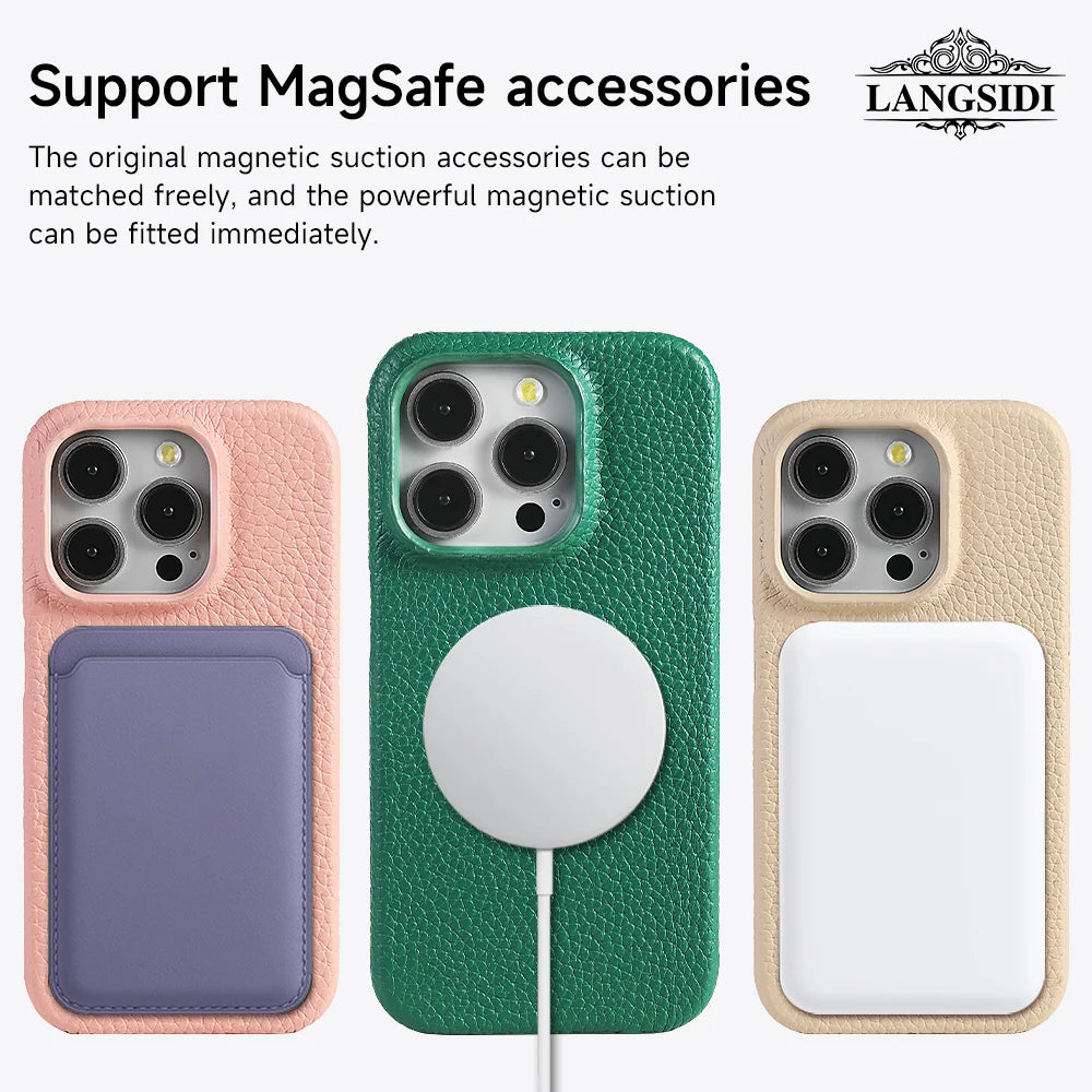 Magsafe Case for iPhone 15 16 Pro Max Promax 16Pro Natural Cowhide Lychee Leather Magnetic Protector Luxury Phone Back Cover