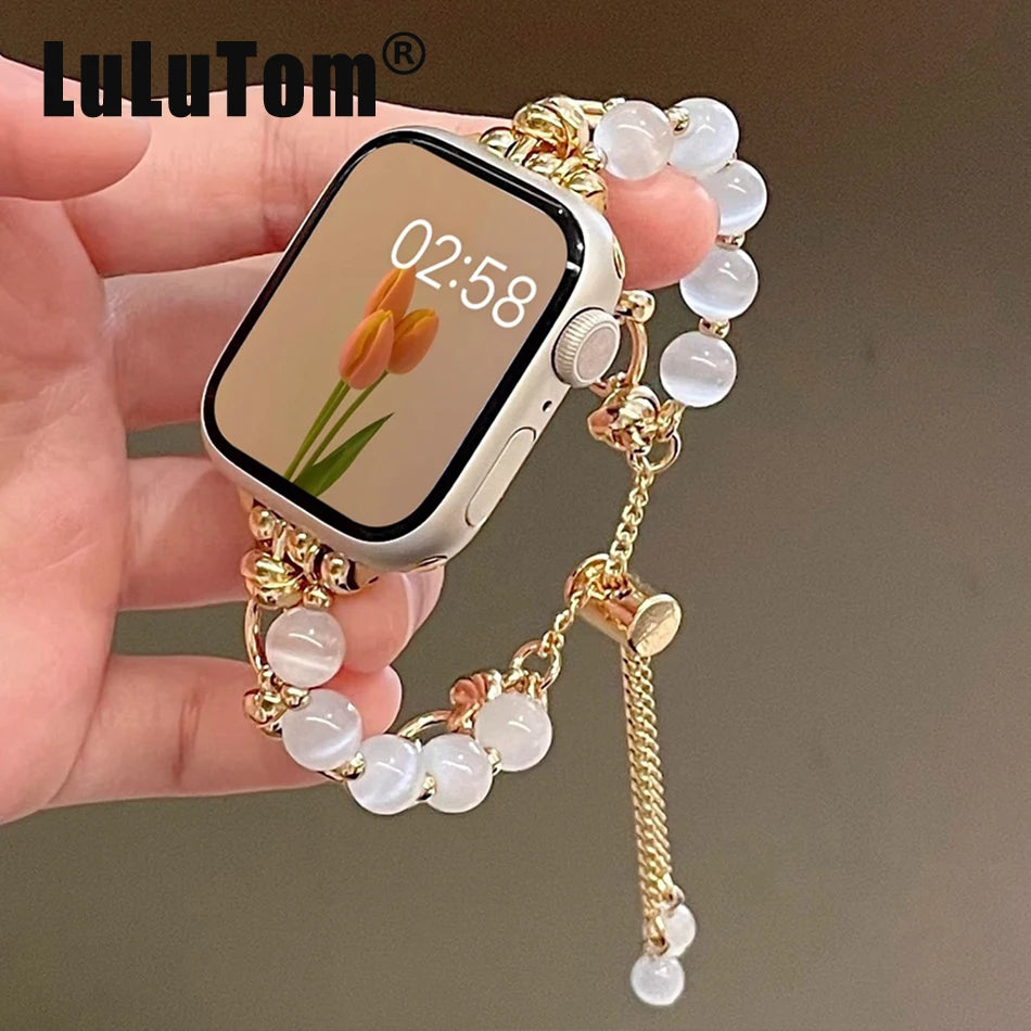 Metal Strap For Apple Watch UItra 8 7 49mm 45mm 44mm Luxury Crystal Pearl Bracelet For iWatch Series 6 5 SE 42mm 40mm 38mm Band