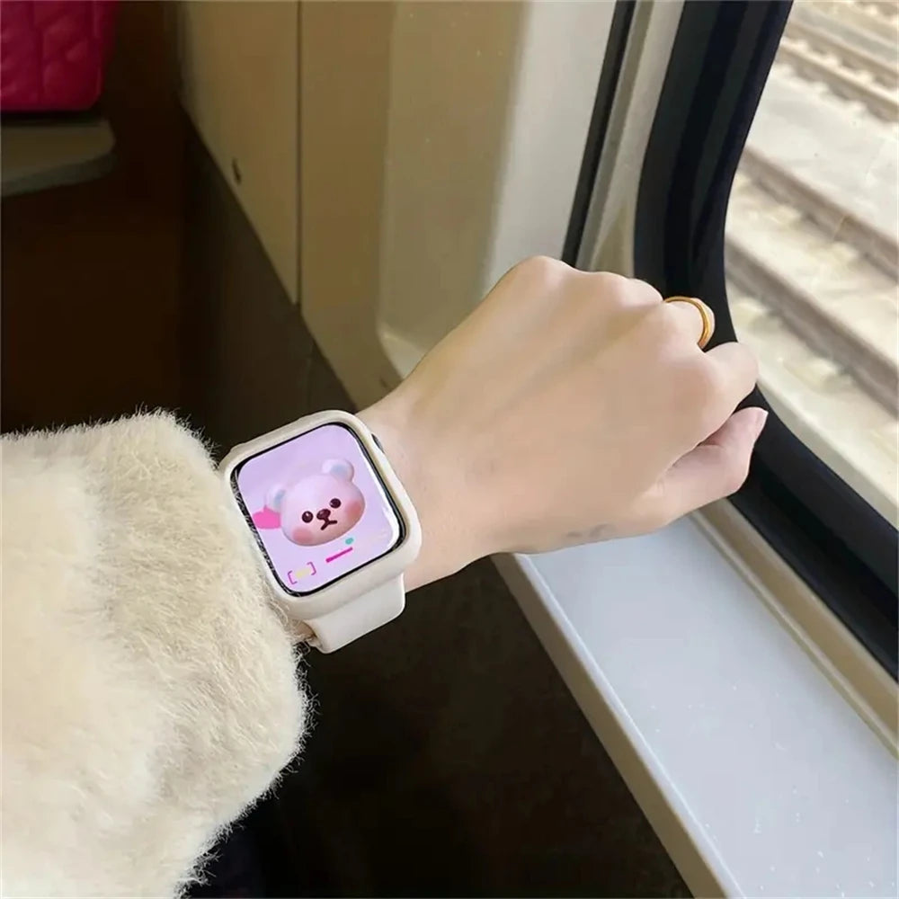 Korean Cute Sport Silicone Band + Case For Apple Watch 9 8 7 6 SE 5 4 3 2 Women Strap For iWatch Strap 41 45 38mm 40mm 44 42 49