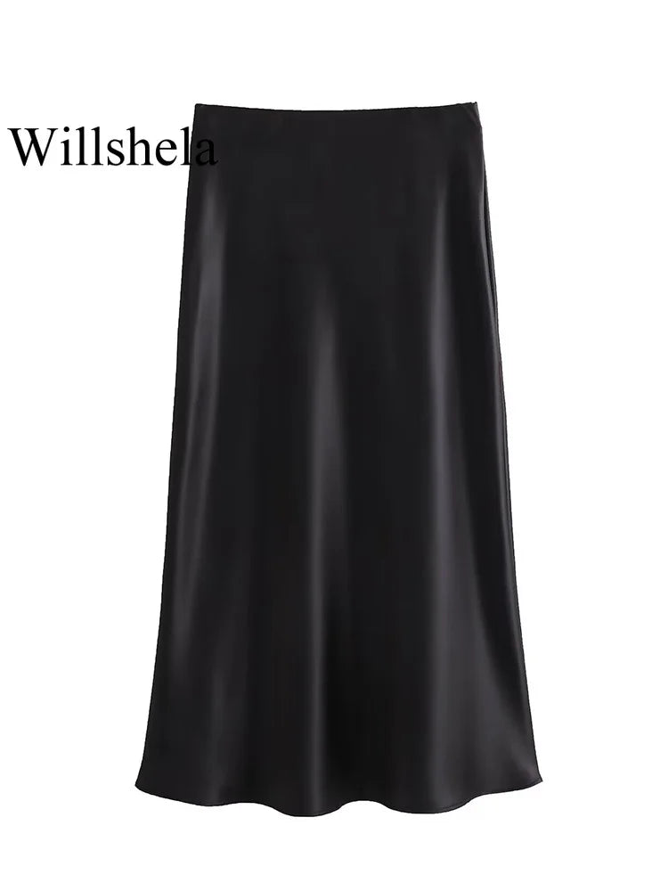 Women Fashion Satin Solid Pleated Midi Skirt Vintage Mid Elastic Waist Female Chic Lady Skirts