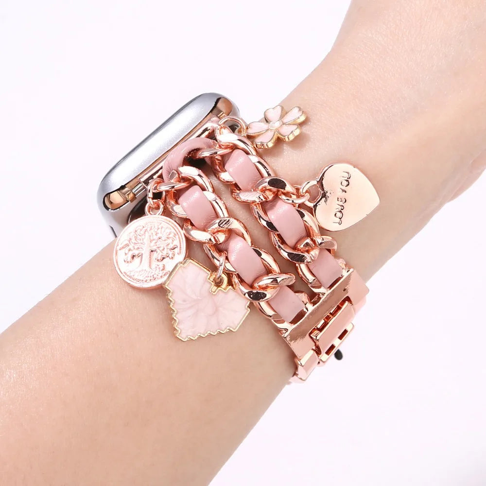 Women Metal+leather Strap for Apple Watch 9 8 7 41mm 45mm Cute Bracelet for Iwatch Series 6 5 4 Se 3 2 44mm 40mm 38mm 42mm Band