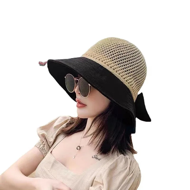 Outdoor UV Protection Sun Hat Summer Women's Bucket Foldable Basin Sunscreen Cap Bow Hollow Stitching Panama Hats Fisherman