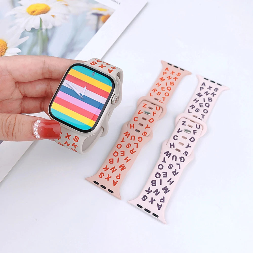 Printed Letter Strap for Apple Watch Ultra 2 Band 49mm 41mm 40mm 45mm 44mm Silicone Bracelet for IWatch Series 9 8 7 SE 6 5 4 3