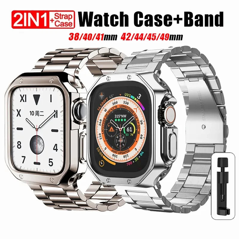 Metal Band+TPU Case for Apple Watch Ultra Strap Cover Stainless Steel Bracelet Series