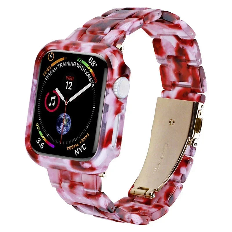 Resin Band for Apple Watch Series 9 8 7 41 45mm Cover Transparent Bracelet for iWatch 6 5 4 se 42mm 44 38 40mm Woman Case+Strap