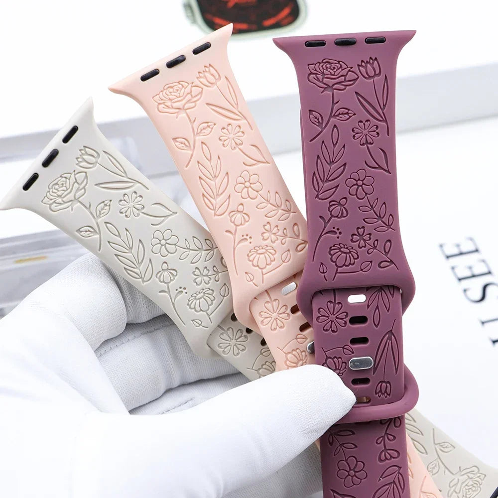 Engraved Floral Silicone Strap for Apple Watch Ultra 2 Band 49mm 45mm 40mm 41mm Bracelet Fashion IWatch Series 9 8/7/6/5/4/3/se