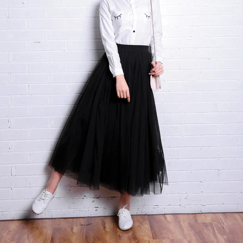 Vintage Tulle Skirt Women Streetwear Elastic High Waist Mesh Pleated Skirts Summer Elegant Korean A Line Office Ladies Skirt New