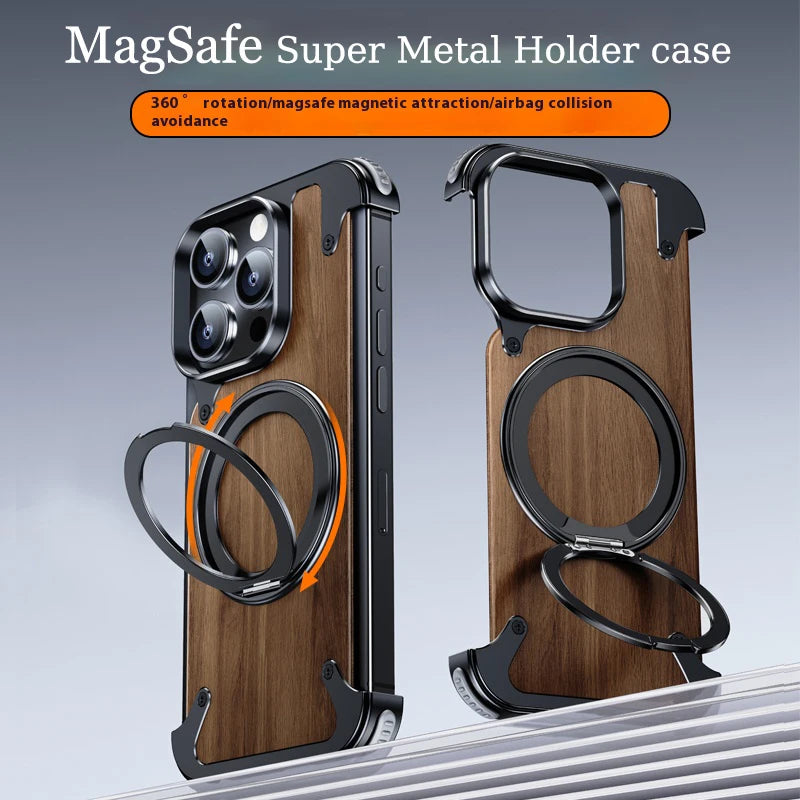 For iPhone 16 15 14 Pro Max Case 360°Rotating Magnetic Magsafe Car Phone Holder Walnut Wood Metal framework Protective cover