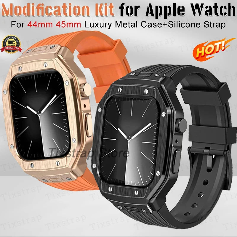 Modification Kit For Apple Watch Series 8 7 45mm 6 5 4 SE 44mm Luxury Stainless Steel Metal Bezel Case For iWatch Silicone Strap