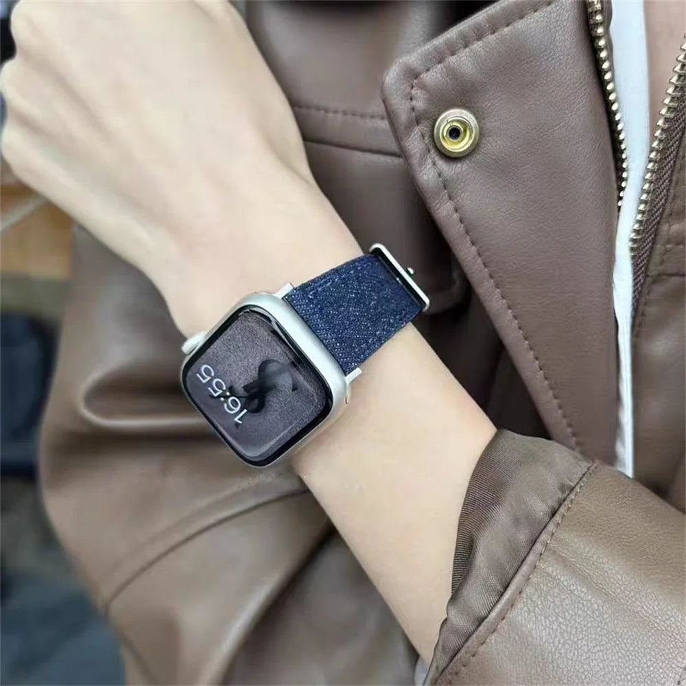 Denim Cloth Leather Strap for Apple Watch Band 38/40/41mm 7 8 9 Bracelet Loop for Iwatch 6 SE 5 49Ultra 3 2 42/44/45mm Cor