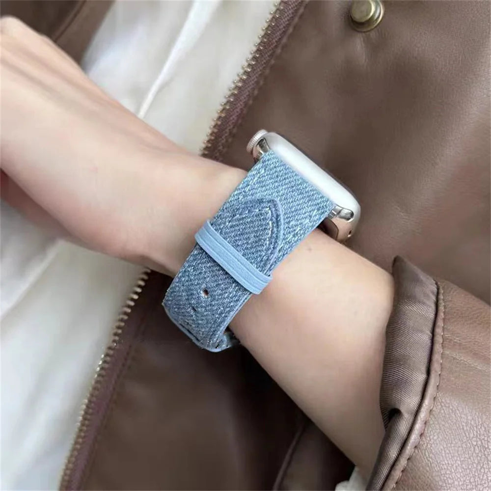 Denim Cloth Leather Strap for Apple Watch Band 38/40/41mm 7 8 9 Bracelet Loop for Iwatch 6 SE 5 49Ultra 3 2 42/44/45mm Cor