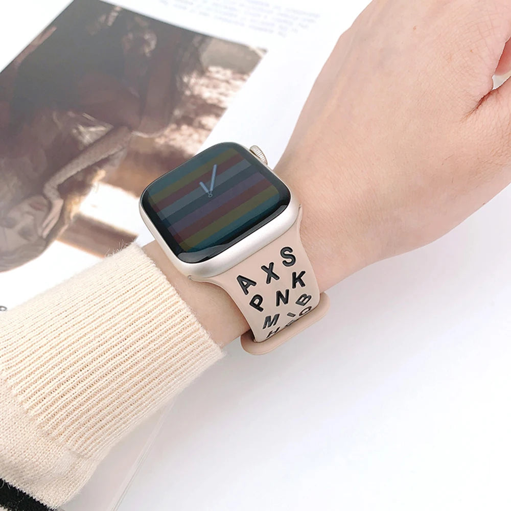 Printed Letter Strap for Apple Watch Ultra 2 Band 49mm 41mm 40mm 45mm 44mm Silicone Bracelet for IWatch Series 9 8 7 SE 6 5 4 3