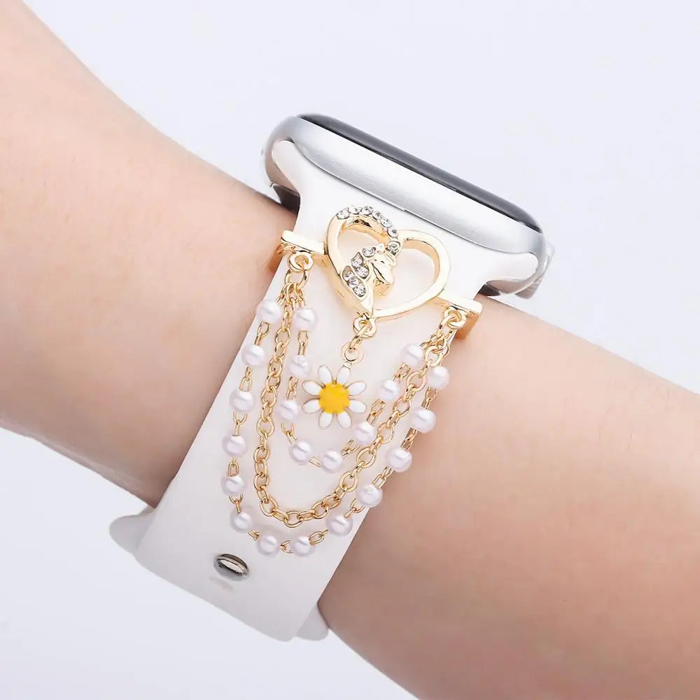 For Apple Watch Band Diamond Pearl Ornament Metal Charms Decorative Ring Creative Chain Smart Watch Silicone Strap Accessories