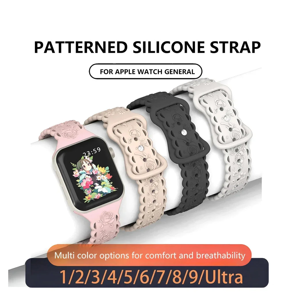 Engraved Floral Strap for Apple Watch Ultra2 49mm 45 44 42 41 40mm 38mm Silicone Band for IWatch Series 9/8/7/6/5/4/3/2/SE Ultra