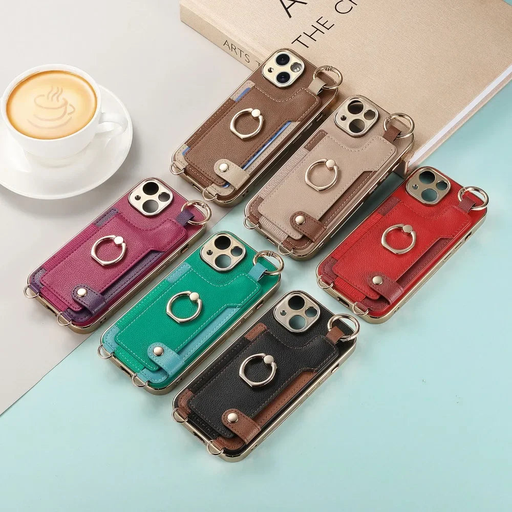 For IPhone 16 15 14 Plus 13 12 11 Pro Max Plating Phone Case Wrist Strap Ring Long Lanyard & Short Hand Rope PU Leather Cover