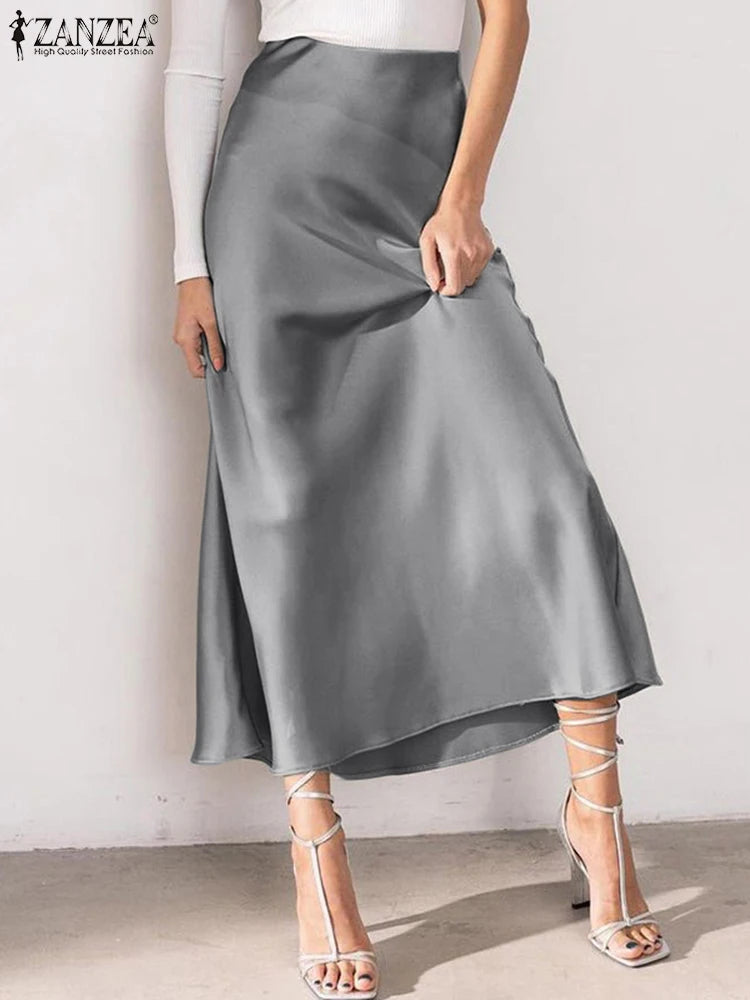 Fashion Solid Color Skirt Female Elastic Waist Ankle Length Skirts Summer Elegant Party Sundress Work OL Robe Oversized