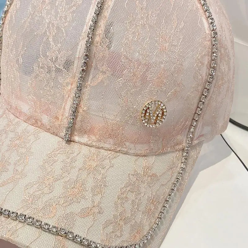 Hat Women Thin Breathable Rhinestones Sun Visor Hat Fashion Lace Flowers Mesh Outdoor Baseball Cap