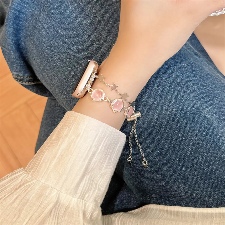 Pink Cat's Eye Stone Bracelet Beaded Strap Compatible with Apple Watch Series 9 8 7 6 5 4 3 2 1, Cute Women Handmade Beaded Strap