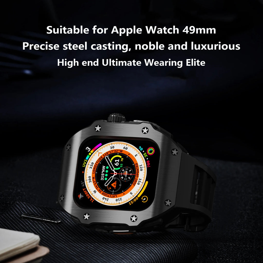 Stainless Steel Modification Kit For Apple Watch 8 Ultra 49mm 7 6 5 4 SE 44MM 45MM Case Sport Band iWatch Rubber Refit Mod