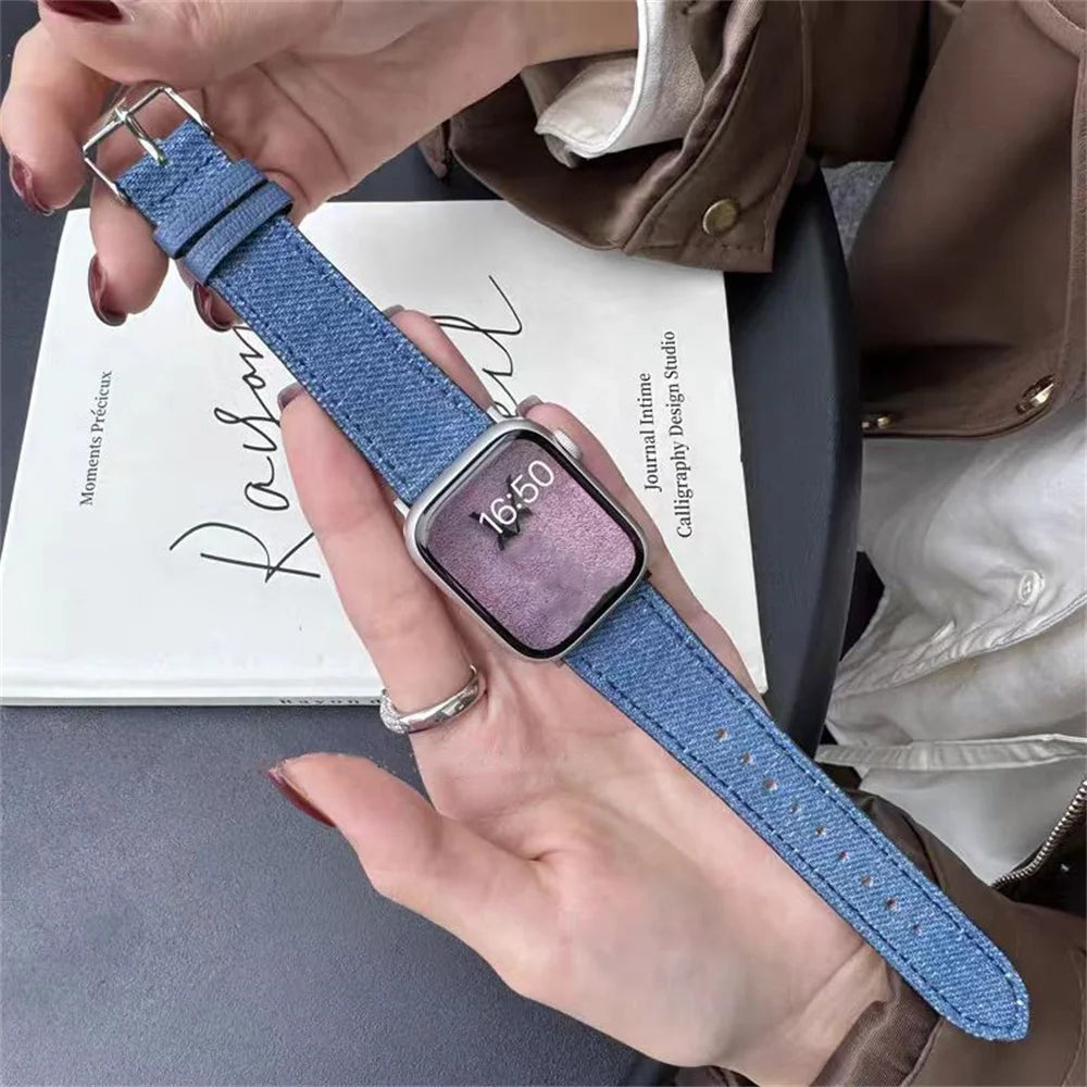 Denim Cloth Leather Strap for Apple Watch Band 38/40/41mm 7 8 9 Bracelet Loop for Iwatch 6 SE 5 49Ultra 3 2 42/44/45mm Cor